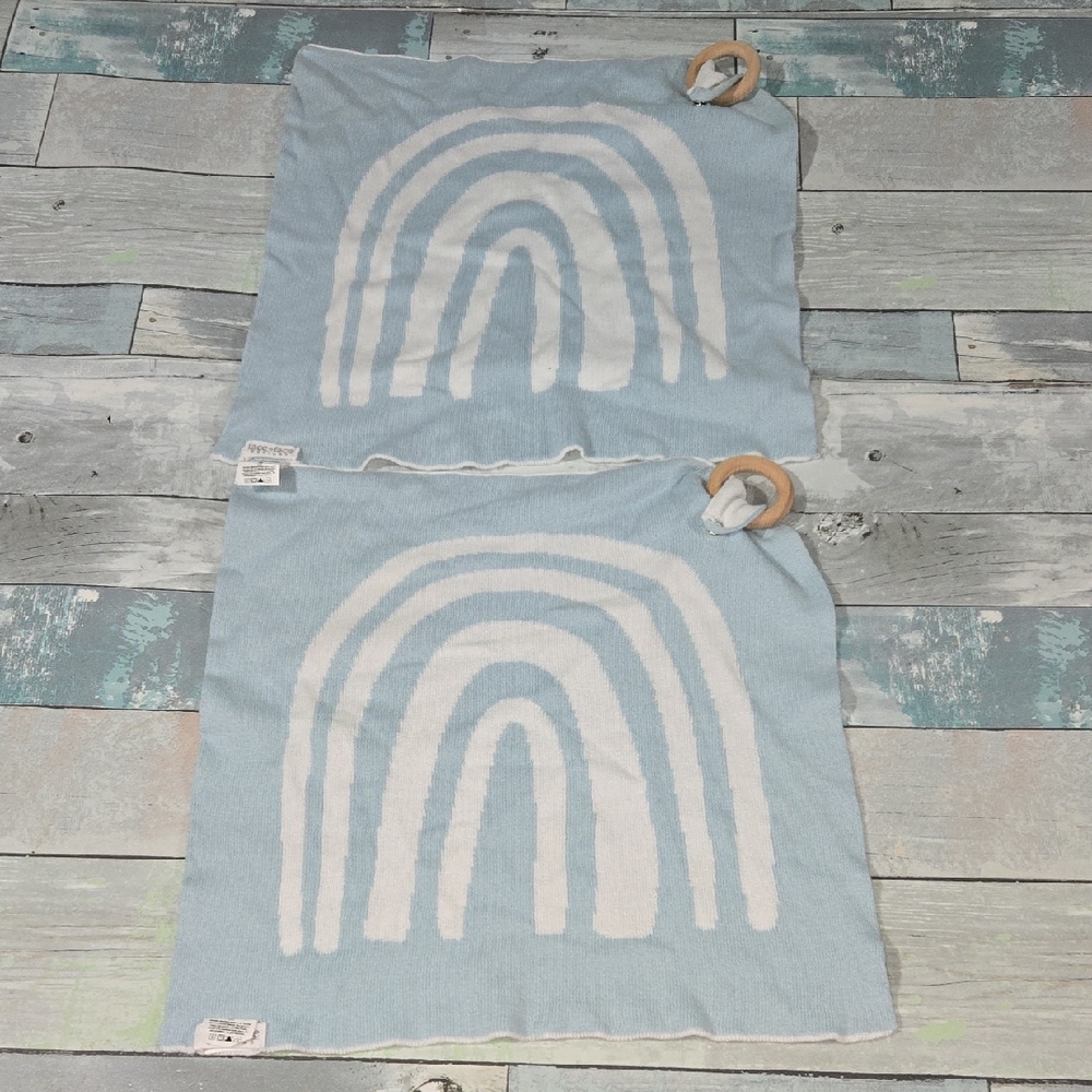Face To Face Blue and White Rainbow Mini Baby Blanket With Teether Lot Of 2
